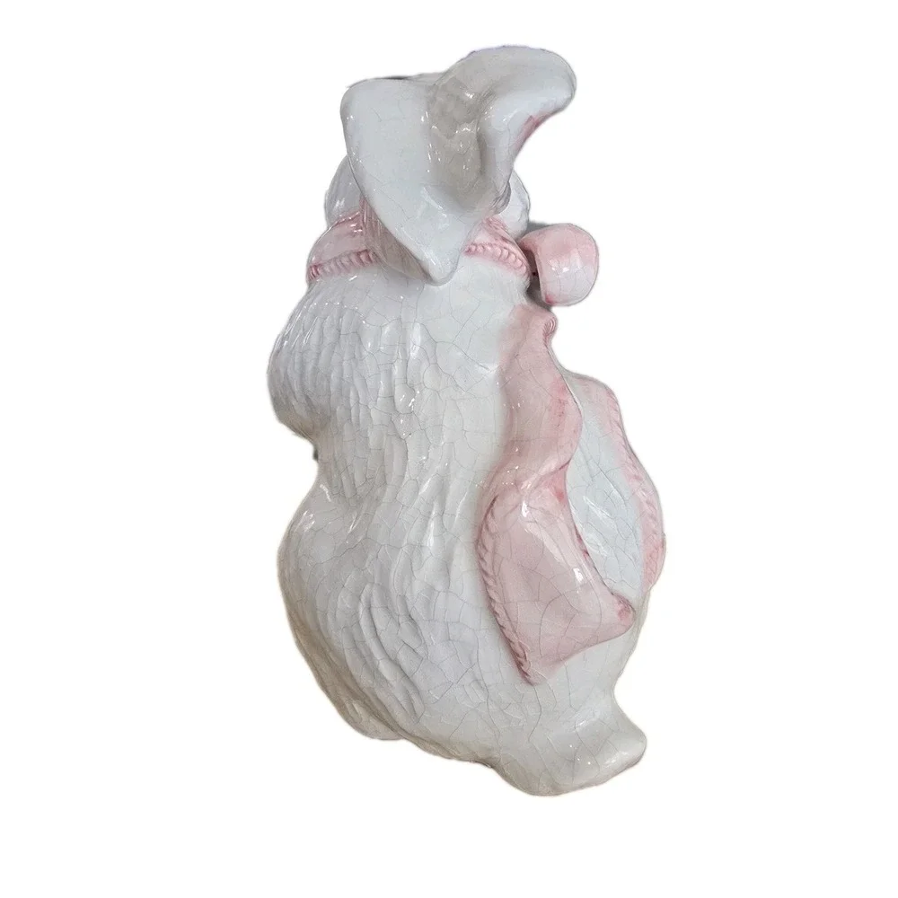 VTG Lot 2 white crackle glaze ceramic bunny pink bow Kitsch Easter Spring Size L